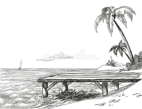 Beach sketch. Beach, sea and wooden jetty drawing , #spon, #sea, #sketch, #Beach, #drawing, #jetty #ad Beach Art Drawing, Pencil Sketches Landscape, Beach Sketches, Ocean Drawing, Summer Drawings, Pencil Drawing Images, Beach Drawing, Scene Drawing, Florida Art