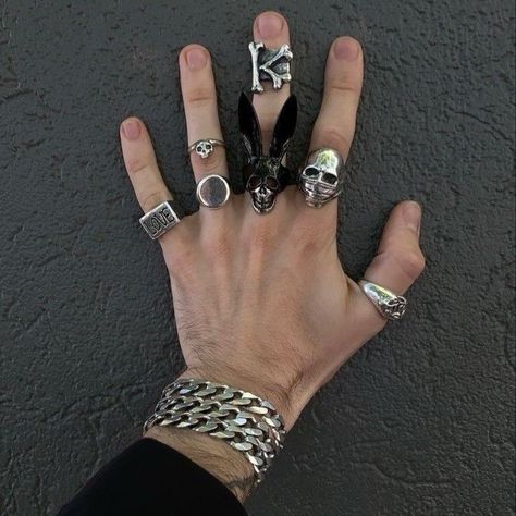 god of ruin | landon king Edgy Rings Aesthetic, Dark Satanic, Bracelet Boys, Landon King, Rings And Necklaces, Mens Skull Rings, Aesthetic Rings, Edgy Jewelry, Expensive Jewelry Luxury