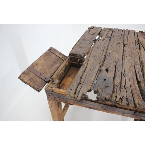 The wood has been treated by oil - wood with signs of age. Wear consistent with age and use. Unique Wood Furniture, Recycled Wood Furniture, Barn Table, Handmade Wood Furniture, Rustic Log Furniture, Shed Interior, Trailer Decor, Wood Furniture Design, Lawn Furniture