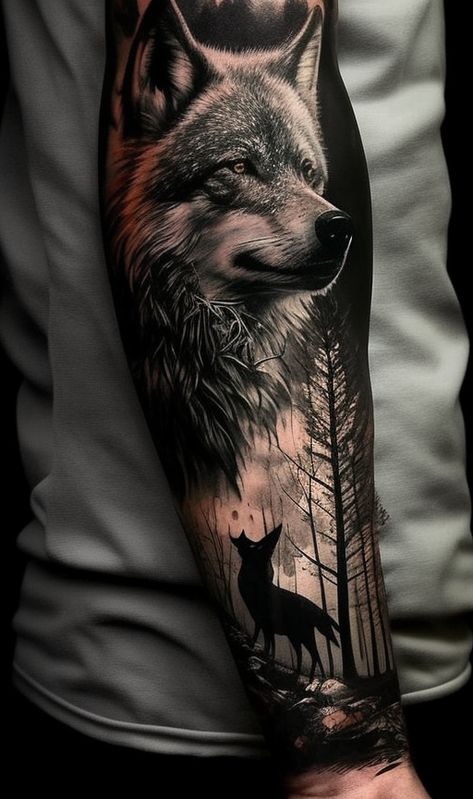 Wolf Tattoos Men Sleeve, Wolf Tattoo For Men, Wolf Sleeve Tattoo, Storm Tattoos, Wolf Sleeve, Storm Tattoo, Wolf Tattoos Men, Optical Illusion Tattoos, Illusion Tattoos