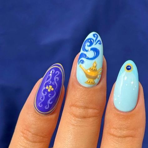 the nailologist🍒🌸🦋🌈✨ on Instagram: "Disney princess nails: Aladdin edition 🩵🧞‍♂️👑 Rings are from @monicavinader and you can use code NAILOLOGIST20 for 20% off💙 #nails #nailinspo #nailart #princessnails #disneynails #halloweennails" Aladdin Nails Acrylic, Jasmine Nail Art, Disney Jasmine Nails, Disney Princess Nails Aesthetic, Elemental Nails Disney, Disney Rapunzel Nails, Aladdin Nail Art, Disney Inspired Nails Princesses, Disney Princess Themed Nails