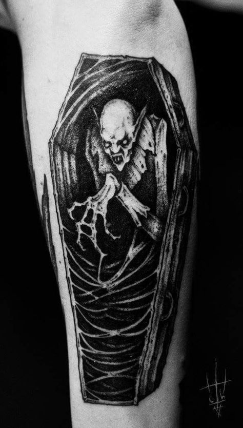 Dracula Tattoo Design, Nosferatu Tattoo, Monster Tattoos, Horror Tattoo Ideas, Nosferatu Vampire, Dracula Tattoo, Coffin Tattoo, Vampire Tattoo, Monster Tattoo