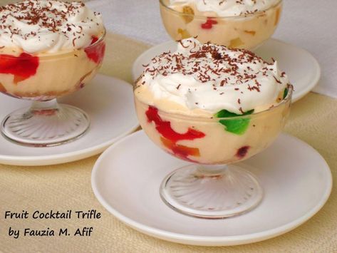 Fruit Cocktail Trifle | Fauzia's Kitchen Fun Orange Dreamsicle Trifle, Custard For Trifle Recipe, English Trifle Recipe Traditional, Fruit Trifle Recipes Custard, Fruit Truffle Bowl Angel Food Cake, Fruit Triffle, Desi Desserts, Falooda Recipe, Trifle Bowl Recipes