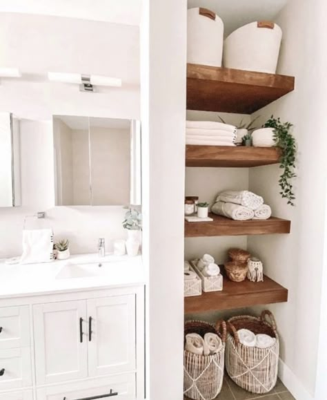 Floating Shelves Bathroom, Bathroom Closet, Master Bath Remodel, Upstairs Bathrooms, Girls Bathroom, Downstairs Bathroom, Bathroom Shelf, Main Bathroom, Basement Bathroom