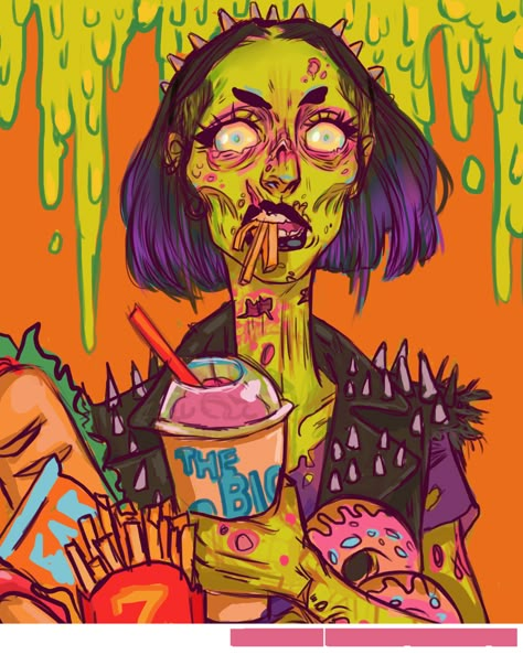 PIGGIN’ OUT art done for the coverart for the GNOSH zombie zine Pop Art Zombie, Zombie Drawings, Zombie Illustration, Arte Zombie, Zombie Art, Arte Punk, Chandler Riggs, Zombie Girl, Goth Art