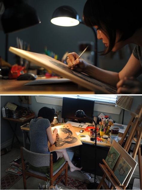 Audrey Kawasaki Artist Workspace, Functional Office, Art Studio Space, Art Studio Design, Audrey Kawasaki, Artist Working, Artistic Space, Creative Workspace, Dream Studio