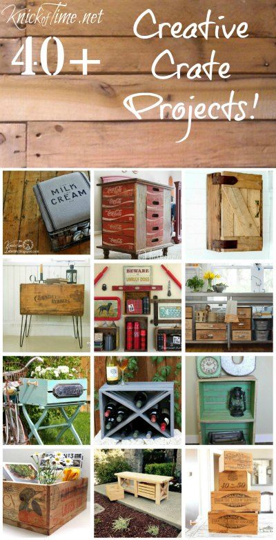 Farmhouse Friday #11 -40+ Creative Crates Ideas - Knick of Time including my freight crate turned side table with hairpin legs. <3 Crates Ideas, Crate Projects, Wooden Shipping Crates, Vintage Crates, Almirah Designs, Pallet Crates, Crate Diy, Shipping Crates, Stencil Design