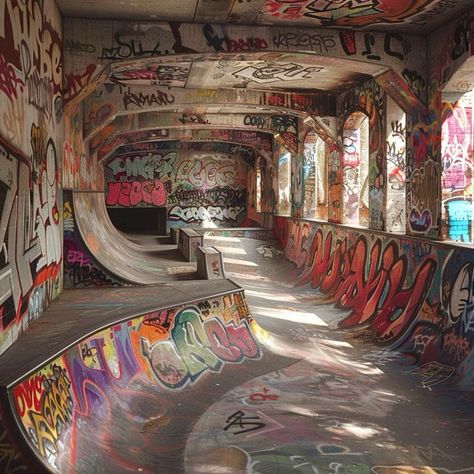 Graffiti Street Art Aesthetic, Street Sign Aesthetic, Skatepark Aesthetic, Graffiti Skatepark, Skate Background, Skatepark Art, Graffiti Architecture, Graffiti Building, Graffiti Landscape