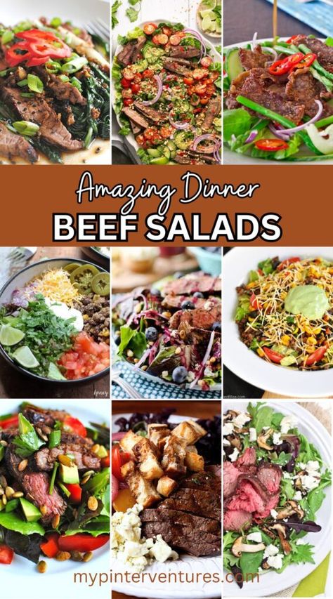 Amazing Beef Dinner Salads - Taco Bowl, Thai, Crispy Korean Beef, and more beef salad ideas. #salad #beefsalad #dinnersalad Salads With Beef, Ground Beef Salad Recipes, Beef Salad Recipes, Shredded Beef Salad, Beef Salads, Steak Bowl Recipe, Meat And Salad, Salad With Ground Beef, Thai Beef Salad Recipe