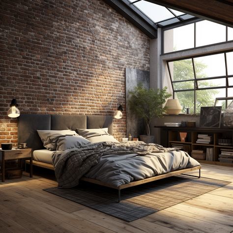 Bedroom Highlighter Wall, Industrial Grey Bedroom, Classic Rustic Bedroom, Brick Wall For Bedroom, Brick Wall Behind Bed, Brick Loft Bedroom, Exposed Brick Bedroom Decor, Exposed Brick Loft Bedroom, Feminine Industrial Bedroom