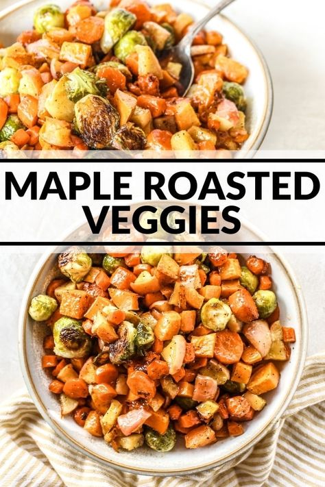 Maple Roasted Veggies - The Whole Cook Paleo Dinners, Paleo Sides, Sheet Pan Dinners Chicken, Baked Veggies, Vegetable Medley, Weekly Meals, Diced Apples, Baked Vegetables, Macro Meals