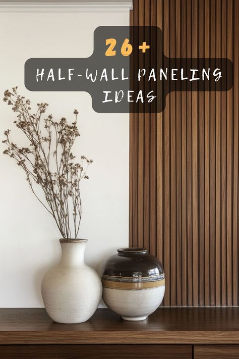 26+ Beautiful Half-Wall Paneling Ideas For Your Home – DreamyHomeStyle Wood Slat Half Wall Bathroom, Partial Slat Wall Ideas, Board And Batten Wall Wood Stain, Wood Panelling Ideas, Tall Wall Paneling Ideas, Reeded Wall Panelling, Pony Wall Entryway, Half Panel Wall, Half Wall Accent Ideas