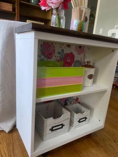 How to Turn a Wall Cabinet Into a Rolling Work Table | Hometalk Peel N Stick Wallpaper, Sewing Station, Repurposed Items, Work Table, Work Surface, Extra Storage, Wall Cabinet, Changing Table, Easy Projects