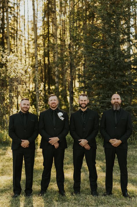 Traditional and Minimalist Alberta Wedding | IG: Hair - @theothersidehairstudio Bridesmaids Dresses - Baltic Born Groomsmen Attire - @jensenslifestyleclothing Wedding Gown - @delicabridal Wedding Photography - @ej.lifestyle #albertwedding #weddinginspo #minimalwedding #outdoorwedding Groomsman In Black, All Black Mens Wedding Attire, Moody Groomsmen Attire, Black On Black Groomsmen, Groomsmen All Black Attire, Groomsmen Vest Only, All Black Groomsmen Attire, All Black Groom Attire, Winter Groomsmen