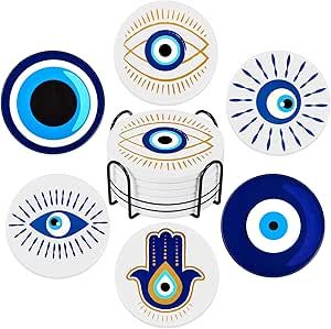 Evil Eye Coasters, Coasters Holder, Ceramic Evil Eye, Blue Coasters, Evil Eye Blue, Desk Kitchen, Black Coasters, Bar Coasters, Coaster Holder