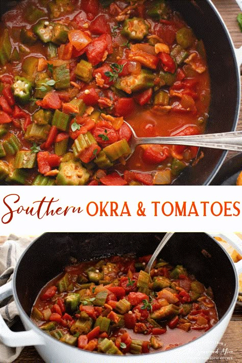 Stewed Okra and Tomatoes is a classic Southern dish! Flavored with bacon, onion, garlic and cider vinegar, you know these vegetables are bound to be good. Serve garden fresh okra and tomatoes during the summer months, or use canned and frozen ingredients in the off-season. Paired with a side of cornbread, this is a simple and affordable dish to enjoy year-round! Stewed Tomatoes And Okra Recipe, Stewed Okra And Tomatoes, Okra And Tomato Recipe, Stewed Okra, Fresh Okra, Okra Stew, Okra And Tomatoes, The Seasoned Mom, Okra Recipes