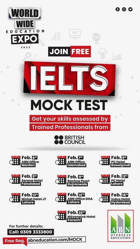 😕 Confuse about your English language skills. Want to appear in IELTS but worried about your preparation. 📌 Then a unique opportunity to get your IELTS knowledge tested. ✅ Assess yourself on the actual test pattern. Come and join us for a free IELTS Mock Test. Please register yourself for ‘Free’ 🌐 Registration link: https://www.abneducation.com/mock/ ☎ For more information call us at 0309-3333800 Test Pattern, Knowledge Test, Research Poster, British Council, Overseas Education, Mock Test, Educational Consultant, Language Skills, English Language