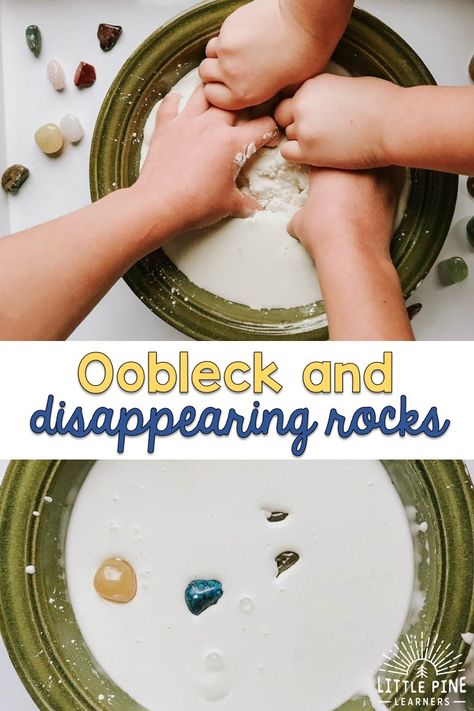 Try making oobleck today! This super simple oobleck recipe only requires two common ingredients and is incredibly easy to make. This sensory substance is nontoxic and made of natural materials! Rocks Sensory Bin, Oobleck Activities Preschool, Rock Theme Preschool, Rock Sensory Bin, Creative Curriculum Rock Study, Rock Activities For Toddlers, Preschool Rock Activities, Oobleck Science Experiment, Easy Kids Activities At Home