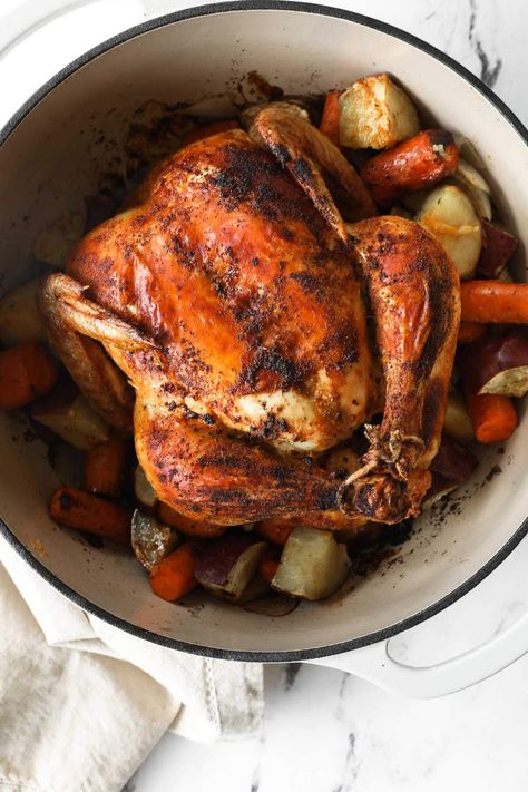 4 Quart Dutch Oven Recipes, Braised Whole Chicken Dutch Ovens, Whole Chicken In Dutch Oven Recipes, Dutch Oven Baked Chicken, Whole Chicken Dutch Oven, Whole Chicken In Dutch Oven, Dutch Oven Roasted Chicken, Whole Chicken In Oven, La Creuset