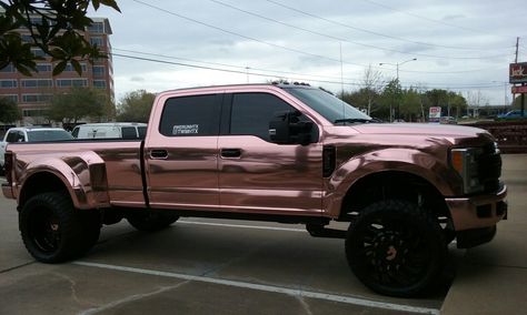 Rose Gold Truck ????? Rose Gold Truck, Pink And Black Truck, Black And Pink Chevy Truck, Lamborghini Truck, Pink Chevy Trucks Old, Black Truck Pink Accents, Lifted Ford Trucks F250 Pink, Rose Gold Car, Winter Truck