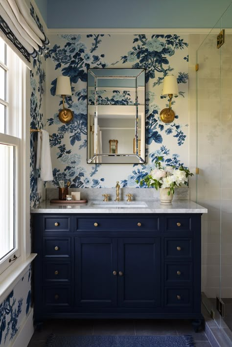 Wallpaper Bathroom Navy, Blue White Bathroom, Blue Bathroom Wallpaper, Hollyhock Wallpaper, Bathroom With Blue Patterned Wallpaper, Powder Room Wallpaper Elegant Royal Blue, Schumacher Pyne Hollyhock Wallpaper, Powder Room Wallpaper Elegant Blue And White, Navy Victorian Bathroom