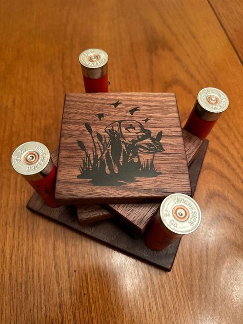 Duck Hunting Coaster Duck Hunter Gift Made With Repurposed Shotgun Shells for the Man Cave, Dad Gift. Walnut or Ambrosia Maple. - Etsy Glowforge Gifts For Men, Laser Engraving Ideas To Sell, Duck Hunting Man Cave, Hunting Storage, Homemade Gifts For Men, Shotgun Shell Crafts, Duck Hunting Gifts, Fair Crafts, Hunting Crafts