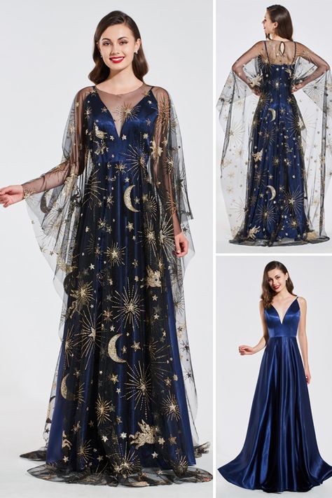 Stars And Moon Dress, Celestial Witch Outfit, Blue Starry Dress, Celestial Aesthetic Clothes, Hippie Prom Dress, Star Gown, Constellation Dress, Celestial Dress, Moon Dresses