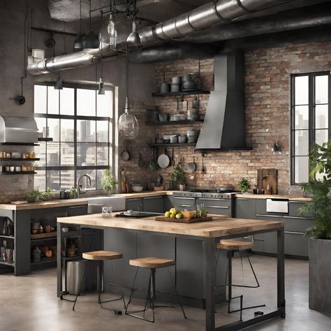 Rustic Kitchen Island Ideas, Exposed Brick Kitchen, Industrial Chic Kitchen, Modern Industrial Kitchen, Industrial Kitchen Design, Rustic Kitchen Island, Industrial Style Kitchen, Brick Kitchen, Rustic Modern Kitchen