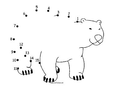 The happy cartoon polar bear is standing on four legs and smiling in this printable dot to dot puzzle. It is great for zoo parties or winter holiday activities. Free to download and print Arctic Kindergarten, Bear Dot To Dot, Polar Bears Preschool, Winter Holiday Activities, Hibernation Crafts, Printable Dot To Dot, Literacy Bags, Cartoon Polar Bear, Dot To Dot Puzzles