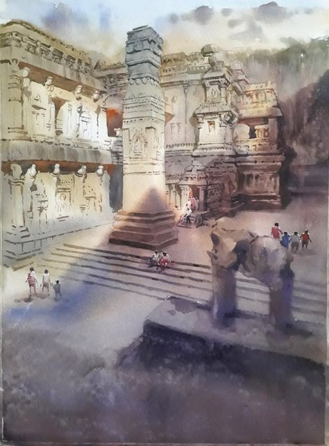 Watercolor Prafull Sawant, Kailash Temple, Watercolor Temple, Temple Painting, Painting Reference, Watercolor Mixing, Watercolor Landscape Paintings, Indian Culture, Water Colour