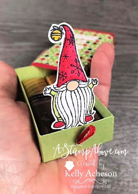 MAKE THIS ADORABLE POP UP BOX - VIDEO TUTORIAL - Click for details - STAMPIN' UP! www.AStampAbove.com Kelly Acheson Goodies Stampin Up Anleitung, Stampin Up Boxes, Treat Boxes Diy, Matchbox Gift, Scrapbook Stamping, Gnome Cards, Gnome For The Holidays, Pop Up Box, Box Video