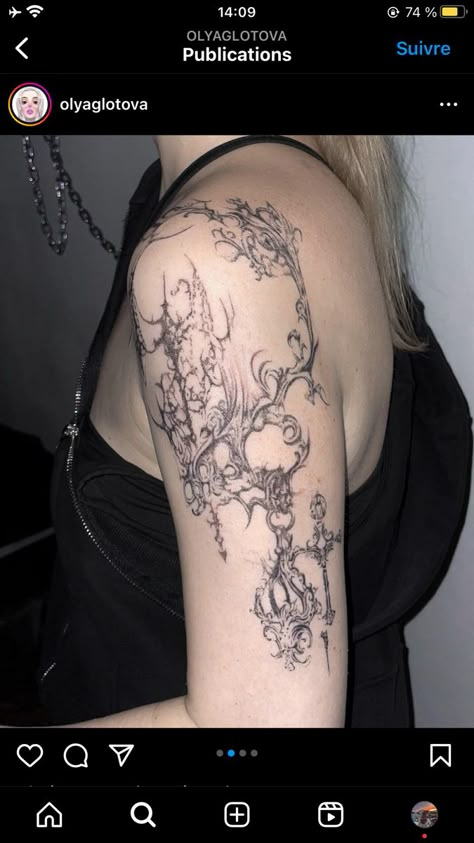 Arm Tattoo Cybersigilism, Dark Tattoo Women, Gothic Realism Tattoo, Cyberrealism Tattoo, Tattoo Ideas Upper Arm, Victorian Tattoo Ideas, Whimsigoth Tattoo, Tattoo Cybersigilism, Tattoo Layout