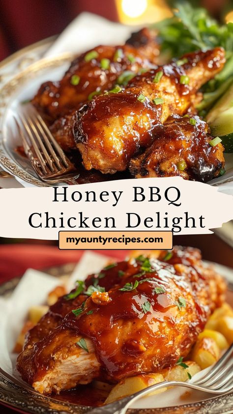 Honey BBQ Chicken Delight is sweet, smoky, and perfectly cooked. A wonderful addition to any fall recipe collection, this chicken dish is flavorful and simple to make, ideal for a cozy dinner. Baked Pineapple Bbq Chicken, Baked Chicken Barbecue, Recipes With Barbecue Sauce, Easy Barbecue Chicken Crock Pot, Easy Chicken Bbq Recipes, Honey Bbq Chicken Recipes, How To Make Bbq Chicken, Bbq Chicken And Rice Recipes, Hot Honey Bbq Chicken