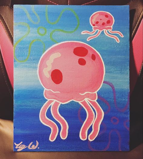 Spongebob Door Painting, Images To Paint On Canvas, Sponge Bob Jelly Fish Painting, Acrylic Painting Spongebob, Easy Turtle Painting On Canvas, Spongebob Painting Ideas Easy, Spongebob Aesthetic Painting, Spongebob Jellyfish Drawing, Painting Ideas Tiny Canvas