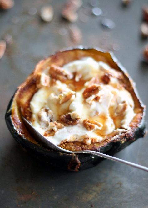 The warm cinnamon sweet acorn squash paired with creamy cool greek yogurt, a drizzle of honey and some crunchy pecans is simply sensational. Best breakfast I've had in quite sometime! Honey Pecans, Greek Yogurt Honey, Yogurt Honey, Acorn Squash Recipes, Ambitious Kitchen, Crunchy Pecans, What's For Breakfast, Acorn Squash, Breakfast Bake