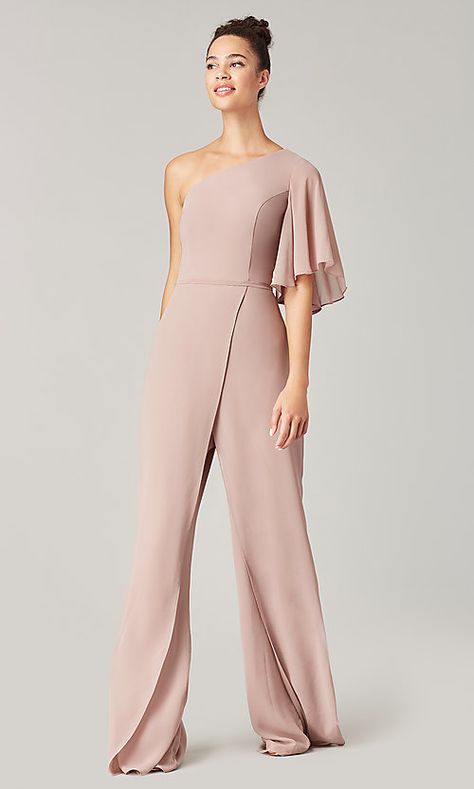 Long Chiffon One-Shoulder Jumpsuit for Bridesmaids Bridesmaid Jumper, Jumpsuit For Prom, Jumpsuit Outfit Wedding, Bridesmaid Jumpsuit, Wedding Pantsuit, Bridesmaids Jumpsuits, Chiffon Jumpsuit, One Shoulder Bridesmaid, Simply Dresses