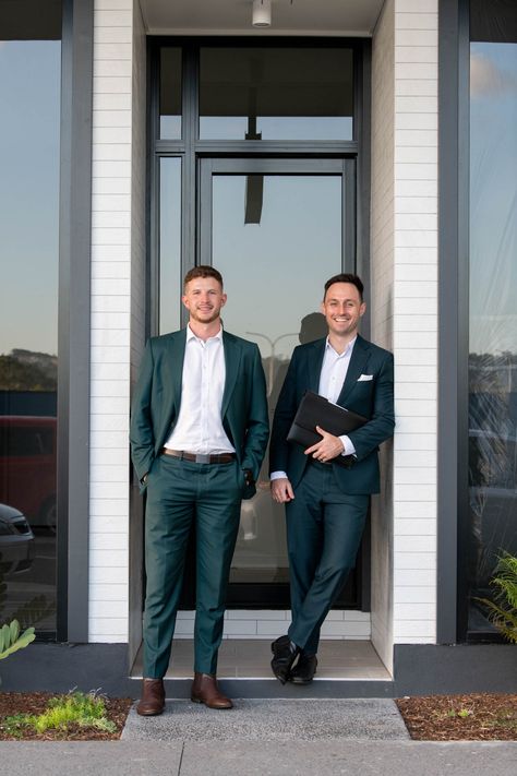 Two Gentlemen in Their Suits Standing Outside A Building Loan Officer Headshots, Male Real Estate Agent Aesthetic, Business Group Photos Outdoor, Real Estate Team Branding, Personal Branding Real Estate Agent, Office Shoot Ideas, Real Estate Agent Portraits, Real Estate Lifestyle Photos Men, Real Estate Agent Photoshoot Men