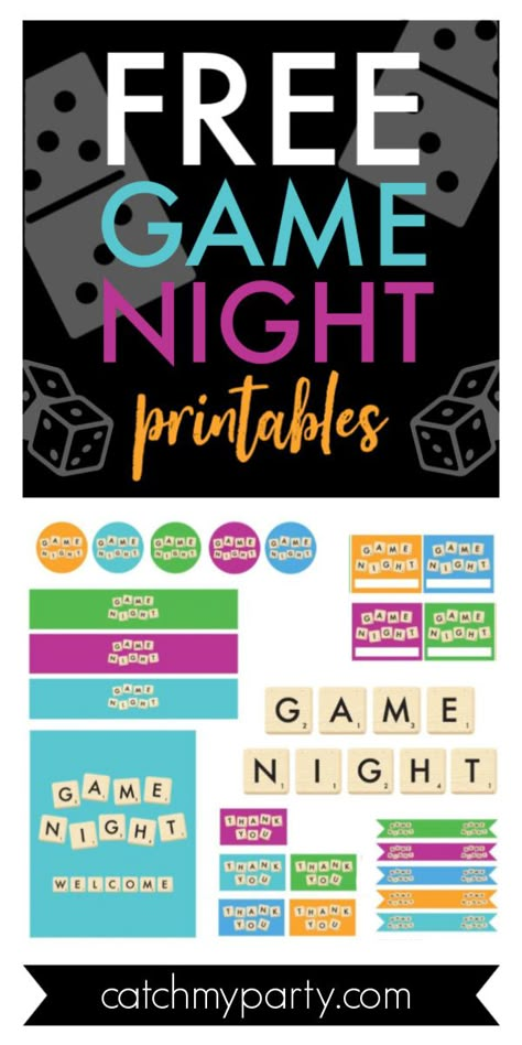 Unfortunately, many of us are sheltered at home right now, so a game night party with your family can be a fun way to help pass the time. This collection of FREE game night party printables are an awesome giveaway! Don't you just love the Scrabble design? Use them to decorate your game night and add some excitement to what could be just another game. Bring on the competition! See more party ideas and share yours at CatchMyParty.com #catchmyparty #partyideas #freeprintables #gamenight #gamenightp Game Night Signs Free Printable, Games Night Party Decorations, Game Night Free Printables, Game Night Diy Decorations, Game Night School Event, Family Game Night Decor, Game Night Invitations Template, Family Game Night Theme, Game Night Theme Birthday Party