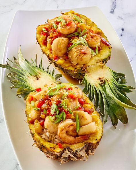 Stuff Pineapple Boats, Pineapple Seafood Bowl, Jerk Shrimp Pineapple Bowl, Pineapple Fish Recipe, Pineapple Boats Recipes, Stuffed Pineapple Bowls, Pineapple Bowl Recipe, Stuffed Pineapple, Pineapple Fish