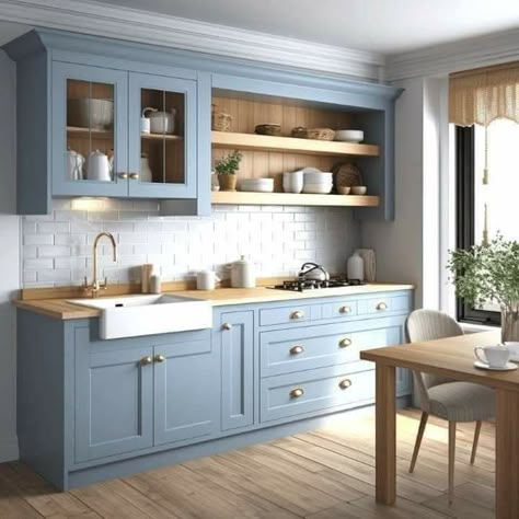 Blue Themed House, Blue And Cream Kitchen, Dusty Blue Kitchen, Cornflower Blue Kitchen, Blue Cottage Kitchen, Blue Kitchen Appliances, Blue Kitchen Walls, Light Blue Kitchens, Kitchen Design Diy