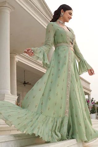 Floral Print Sabeen Jacket & Sharara Set Pants With Blouse, Long Green Jacket, Jacket Belt, Prachi Desai, Sharara Pants, Floral Lehenga, Organza Shirt, Birthday Collection, Sharara Set