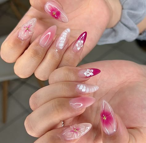 French Tip Nails Flower, Nails Pink Almond, Gift Nails, Pink Almond Nails, Almond Nails Pink, Press On Nails Almond, Nails Flower, Girly Acrylic, Nails Now