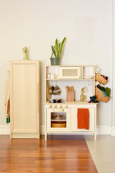 Play Kitchen Fridge, Kitchen Garden Extension, Ikea Toy Kitchen Hack, Toy Fridge, Ikea Toy Kitchen, Ikea Play Kitchen Hack, Ikea Kids Kitchen, Garden Extension, Play Kitchen Ideas