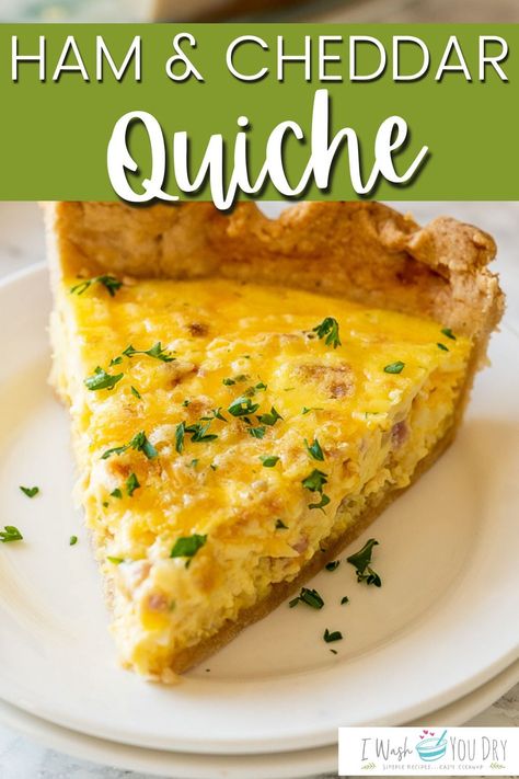 This quick and easy Ham Cheddar Quiche Recipe is perfect for using up leftover ham. It’s light and fluffy with the perfect amount of ham, cheese and potatoes in a flakey homemade pie crust. Ham And Cheddar Quiche, Swiss Cheese Quiche, Classic Quiche Lorraine, Custard Baked, Classic Quiche, Cheddar Quiche, Cheese Quiche Recipe, Fried Bacon, Ham And Cheese Quiche