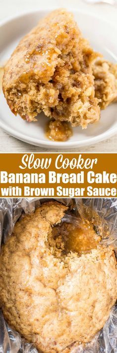 Slow Cooker Banana Bread Cake with Brown Sugar Sauce - Soft, tender banana bread with a caramely, brown sugar sauce that develops while the bread cooks!! If you've never made dessert in your slow cooker, start with this easy recipe!! Crockpot Banana Bread, Slow Cooker Banana Bread, Brown Sugar Sauce, Crockpot Cake, Crockpot Dessert, Cooker Cake, Crockpot Desserts, Banana Bread Cake, Crockpot Dessert Recipes