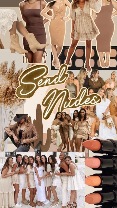 #sendnudestheme #bachelorette #moodboard #bachelorettetheme #nudebachelorette #neutraltones Bachelorette Night Out Outfit Themes, Bachelorette Outfit Themes, Bachelorette Matching, 21st Birthday Themes, Bachelorette Party Planner, Hen Do Outfits, Gold Bachelorette Party, Coordinates Outfits, Nude Outfits