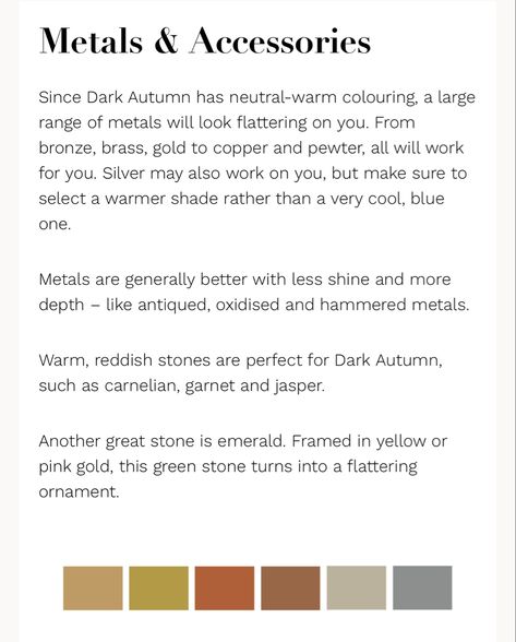 Deep Autumn Color Palette Jewelry, Dark Autumn Jewelry, Deep Autumn Jewelry, Copper Colour Palette, Deep Autumn Makeup, Season Palette, Autumn Color Palette Fashion, Autumn Accessories, Deep Autumn Color Palette