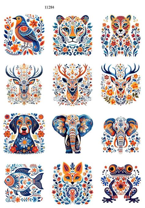 Whimsical Folk Animals 2  -  Ceramic Decals- Enamel Decal - Fusible Decal - Glass Fusing Decal ~ Waterslide Decal - 11284 Folk Animals, Illustration Animals, Ceramic Decals, Arte Folk, Folk Design, Glass Decals, Scandinavian Folk Art, Glass Fusing, Art Et Illustration