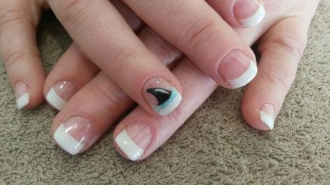 Shark fin supporting the Sharks rugby game! Shark Nail Art Design, Shark Themed Nails, San Jose Sharks Nails, Shark Fin Nails, Shark Nail Art, Hockey Nails, Cool Sharks, Bio Sculpture Gel, Bio Sculpture