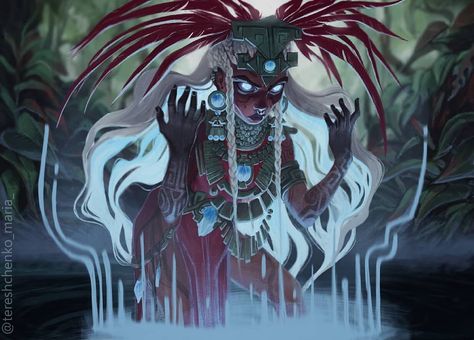 Maria Tereshchenko on Instagram: “here's a jungle witch on the aztec theme for @factionsbattlegrounds  #digitalillustration #artistoninstagram #digitalart #illustration #art…” Aztec Jungle Art, Aztec Landscape Art, Aztec Inspired Art, Aztec Culture Art, Aztec Creatures, Aztec Witch, Aztec Vampire, Aztec Oc, Aztec Character Design